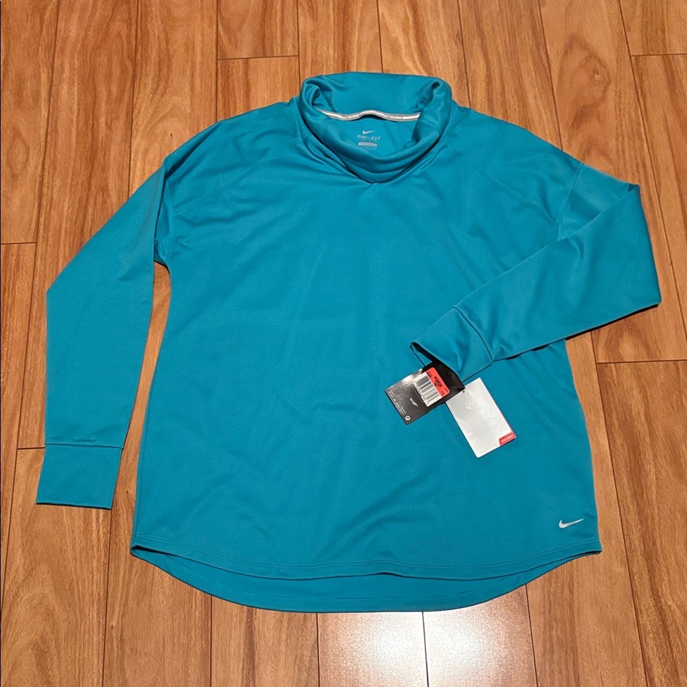 NWT Nike Dri-Fit Running funnel neck aqua sweatshirt, women’s size L. Logo. - Picture 2 of 11